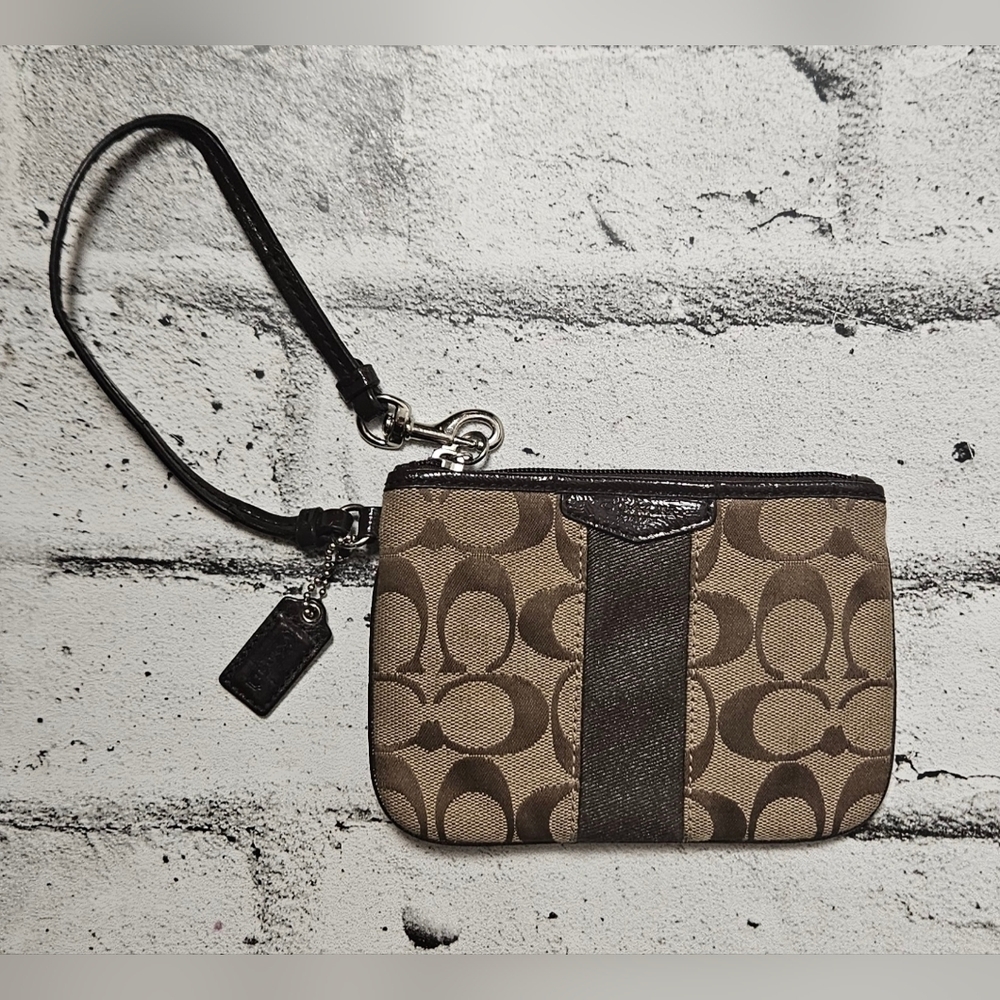 Coach Signature Stripe Wristlet F51158 Mahogany Khaki Small Pouch